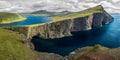 Sorvagsvatn lake over the Atlantic ocean panorama, Faroe Islands Royalty Free Stock Photo