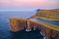 Sorvagsvatn Lake and Waterfall into the Ocean in Western Faroe Island