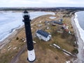 Sorve Lighthouse is black tower with horizontal wide white lower band. Peninsula in Torgu Parish, island of Saaremaa, Estonia, Eur