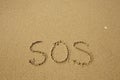 SOS - handwritten on the soft beach sand. Royalty Free Stock Photo