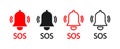 SOS icon. Alarm button for mobile phone. Bell sign for emergency. Symbol of service 911. Red and black graphic logos of rescue and