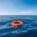 SOS life buoy in the middle of the ocean for rescue concept (wide banner with copy space Royalty Free Stock Photo