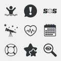 SOS lifebuoy icon. Heartbeat cardiogram.