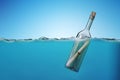 SOS message in bottle floating in sea. 3D rendered illustration Royalty Free Stock Photo
