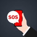 SOS message in the phone. 911 calling in flat style. Hand with a phone asks for help. First aid. Call screen smartphone. A cry for Royalty Free Stock Photo