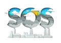 SOS, stop air pollution typography banner template. Vector illustration in paper art style. Save environment, ecology.