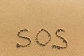 SOS - written manually on the texture of sea sand. Help. Royalty Free Stock Photo