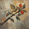 An oil painting depicting a branch with leaves and reddish-orange fruits against an abstract, textured background Royalty Free Stock Photo