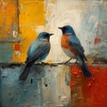 Two stylized birds perched on a colorful, textured background created with bold, thick brushstrokes Royalty Free Stock Photo