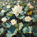 An oil painting depicting a vibrant cluster of white lotus flowers Royalty Free Stock Photo