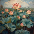 Oil painting showcasing a serene lotus pond, filled with blooming pink and white lotus flowers Royalty Free Stock Photo