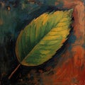An oil painting depicting a single, large green leaf with detailed veining and texture. Royalty Free Stock Photo