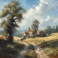 Rustic countryside scene depicted in an oil painting, featuring a narrow Royalty Free Stock Photo