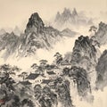 Traditional Chinese ink wash painting depicting a mountainous landscape with steep peaks shrouded in mist Royalty Free Stock Photo