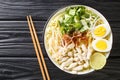 Soto Ayam is a chicken noodle soup popular in Malaysia and Indonesia close up in the plate. Horizontal top view Royalty Free Stock Photo