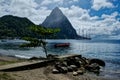 Soufriere Harbor in Saint Lucia with a Sailing Ship and Gros Piton in the Background