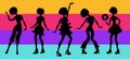Soul Party Time. Dancers of soul silhouette funk or disco.People in 1980s, eighties style clothes dancing disco, cartoon vector il Royalty Free Stock Photo