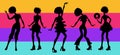 Soul Party Time. Dancers of soul silhouette funk or disco.People in 1980s, eighties style clothes dancing disco, cartoon vector il