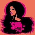 Soul Party Time. Soul, funk, jazz or disco music poster. Beautiful African American woman singing Royalty Free Stock Photo