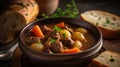 Soul-Warming Delight. Crock Pot Beef Stew with Potato and Toast. Generative AI Royalty Free Stock Photo
