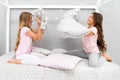 Soulmates girls having fun sleepover party. Pillow fight pajama party. Sleepover time for fun. Best girls sleepover