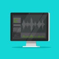 Sound or audio recorder or editor software on computer screen, flat cartoon monitor with audio mixer studio icon