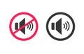 Sound audio voice icon on off vector graphic or mute silence mode pictogram black red, talk speak noise control button with loud Royalty Free Stock Photo