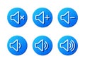 sound button set, blue rounded icons sound on and off, volume up and down, mute, loudspeaker sign, web icon