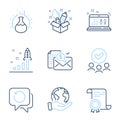 Sound check, Creativity and Chemistry experiment icons set. Vector