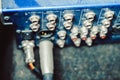 Sound connectors included in the audio mixer. Royalty Free Stock Photo