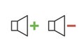 Sound control interface icons with plus and minus sign for volume adjustment. Vector thin line minimal illustrations