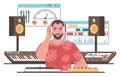 Sound designer, engineer, editor creating music in studio, flat vector illustration. Sound and music recording, mixing.