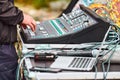 Sound engineer hands working on sound mixer at live concert, stage sound mixer, audio mix slider Royalty Free Stock Photo