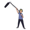 Sound engineer, journalist with a microphone on a long stick. Cartoon vector illustration isolated on white background.