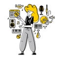 Sound engineer mixing new song in audio recording studio, vector outline illustration of a musician composer doing his job