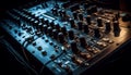 Sound engineer slides knob on mixer at nightclub generated by AI