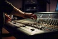 Sound engineer hands at the mixing console. AI Generated.