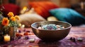 A sound healing bowl filled with colorful gemstones, embodying energy and vibrance. Royalty Free Stock Photo