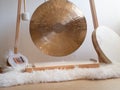 Golden Gong, Sansula, Monochord and shamanic drum sound healing instrument for ceremony Royalty Free Stock Photo