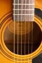 Sound hole of an acoustic guitar, neck, strings, Royalty Free Stock Photo