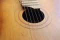 Sound hole of the guitar with the strings for the background Royalty Free Stock Photo