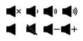 Sound icon mute. Volume and audio up or down. Speaker button off or silent mode. Sign of loud noise of music. Symbols of siren bar Royalty Free Stock Photo