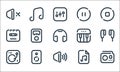 Sound line icons. linear set. quality vector line set such as radio, volume, dj mixer, music, speaker, cassette, piano, pause,