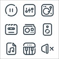 Sound line icons. linear set. quality vector line set such as silent, piano, music, speaker, radio, cassette, dj mixer, adjust