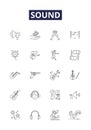 Sound line vector icons and signs. Noise, Audible, Resound, Hiss, Tweet, Pitch, Loud, Hum outline vector illustration