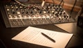 Sound mixing board and notepad studio Royalty Free Stock Photo