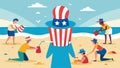 The sound of ocean waves mixed with the clinking of shovels and buckets as beachgoers crafted a gigantic Uncle Sam hat