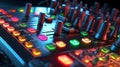 Sound panel for working in the studio and on TV projects. Close-up of the Mixing console. mixing knobs. mix musical tracks on