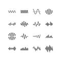 Sound and radio waves flat line icons set. Monochrome simple sound wave on white background. Editable Strokes
