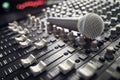 Sound recording studio mixer desk or mixing console and microphone Royalty Free Stock Photo